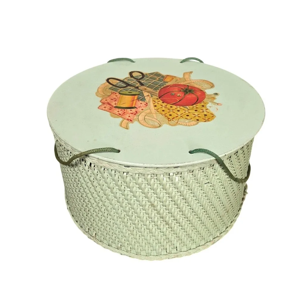 Princess 1950's Vintage Wicker Round Sewing Basket Lid Green Fair Retro Grandma